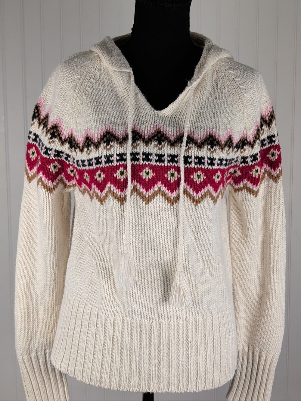 Bailey's Point Hooded Knit Sweater with Fair Isle Pattern Large